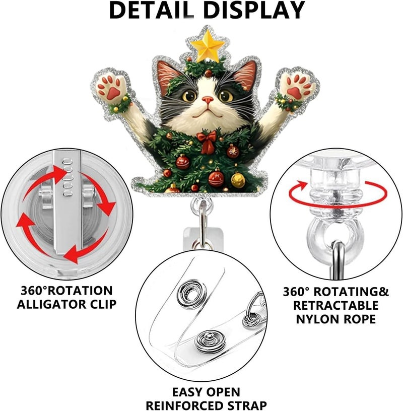 NSSHEL Christmas Badge Reel Retractable Cute Little Cat Badge Holder Funny ID Card Badge Reels with Alligator Clip Christmas Kitten Badge Reels for Women Doctor Nursing Student Teacher CNA RN Worker Gifts - Image 3